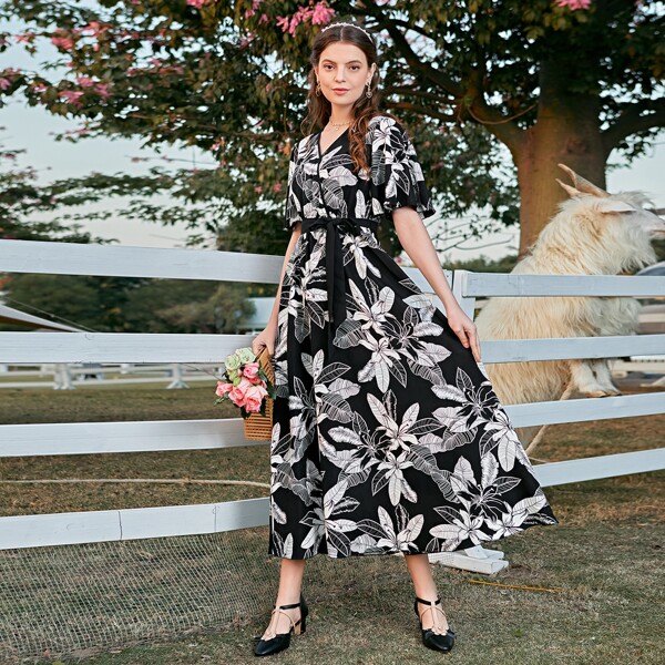 

Tropical Print Surplice Front Belted Dress, Black and white