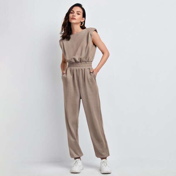 

Padded Shoulder Slant Pocket Jumpsuit, Khaki