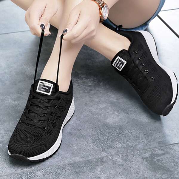

Lace Up Front Knit Sneakers, Black