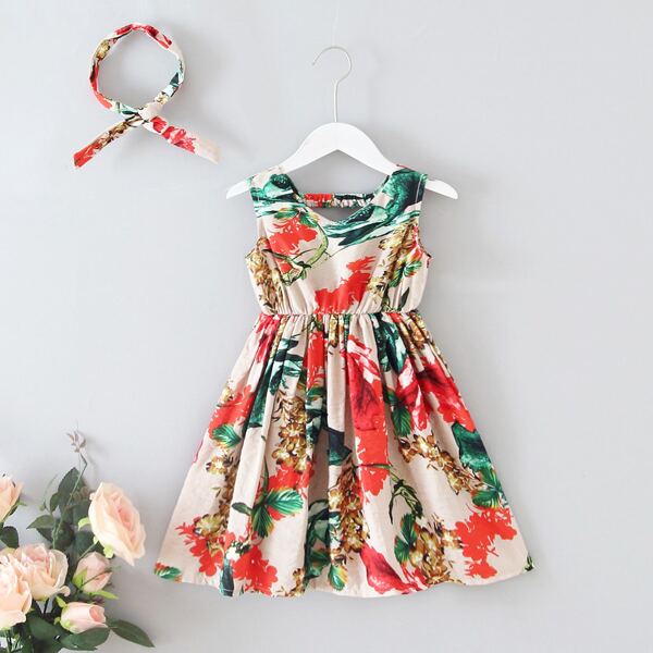 

Toddler Girls Plants Print Dress With Headband, Multicolor