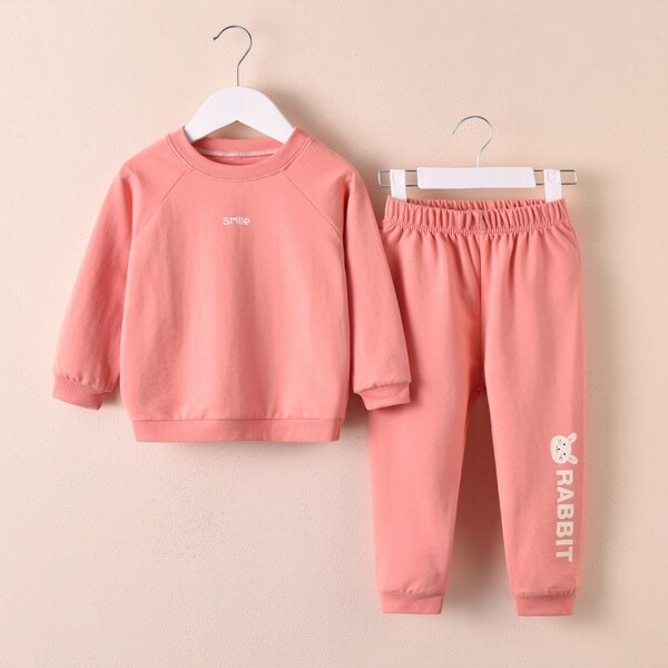 

Toddler Girls Cartoon Rabbit And Letter Graphic Sweatshirt & Sweatpants, Coral pink
