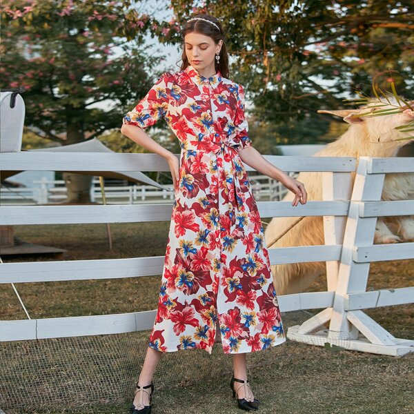 

Floral Print Button Front Belted Shirt Dress, Multicolor