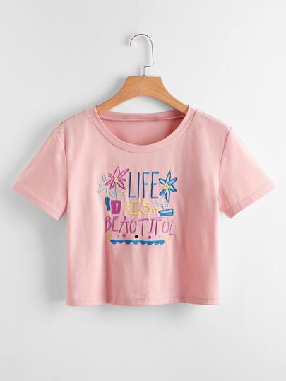 Slogan Embroidery Crop Tee