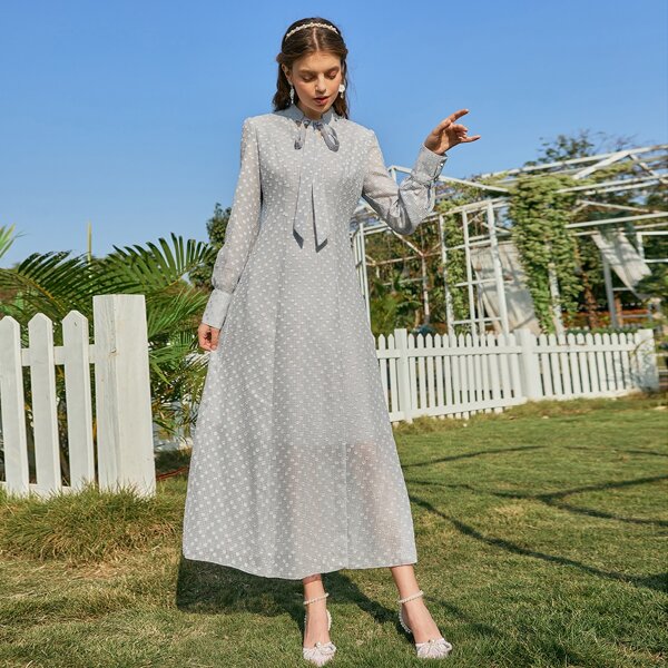

Swiss Dot Tie Neck Puff Sleeve A-line Dress, Light grey