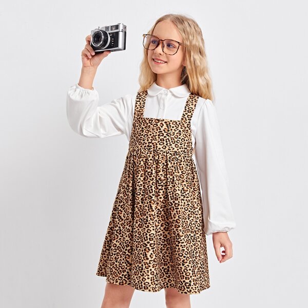 

Girls Crisscross Back Leopard Overall Dress With Solid Blouse, Multicolor