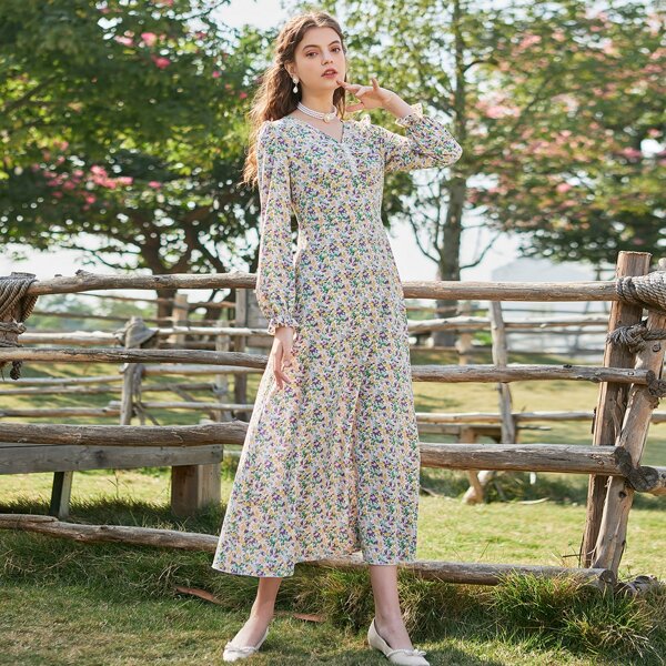 

All Over Floral Print Flounce Sleeve Pearls A-line Dress, Multicolor