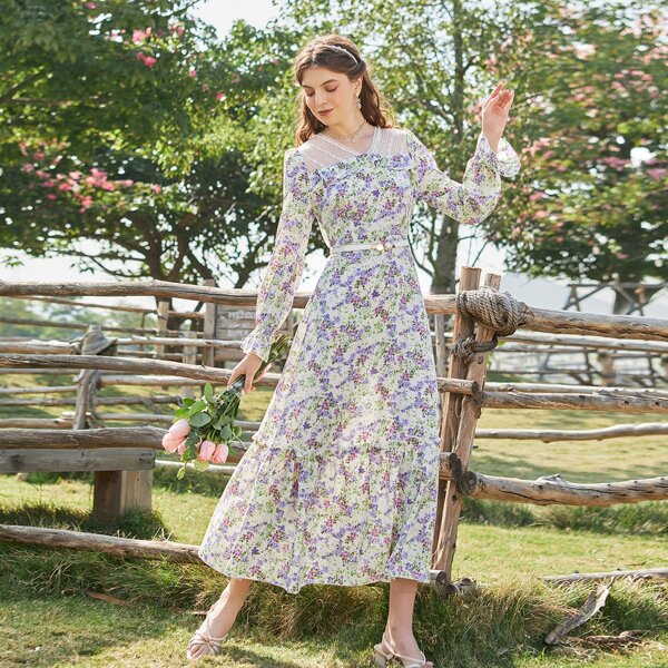 

Allover Floral Ruffle Hem Dress Without Belt, Multicolor