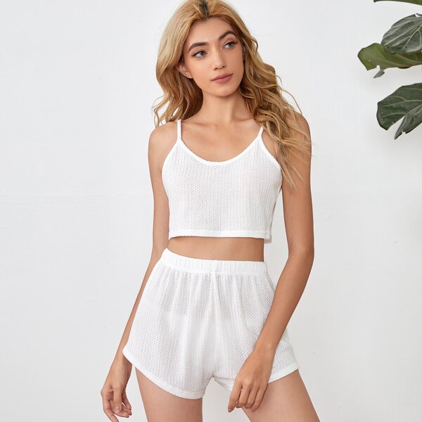 

Solid Waffle Cami Lounge Set, White