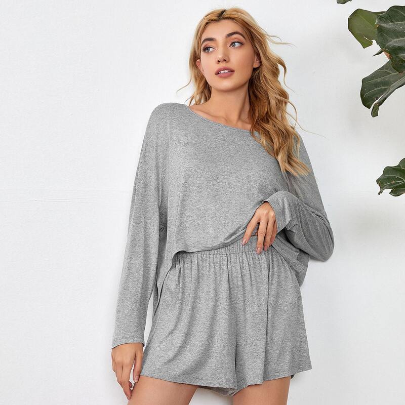 

Drop Shoulder Solid Lounge Set, Grey