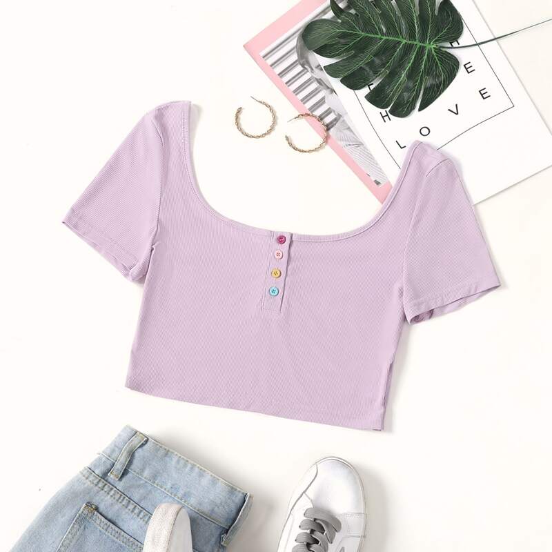 

Rib Button Front Crop Tee, Lilac purple