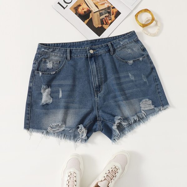 

Plus Raw Hem Ripped Denim Shorts, Dark wash