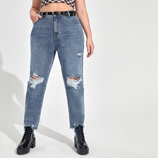 

Plus High Waist Ripped Jeans Without Belt, Medium wash