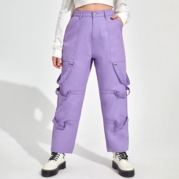 

Plus Solid High Waist Cargo Jeans, Lilac purple