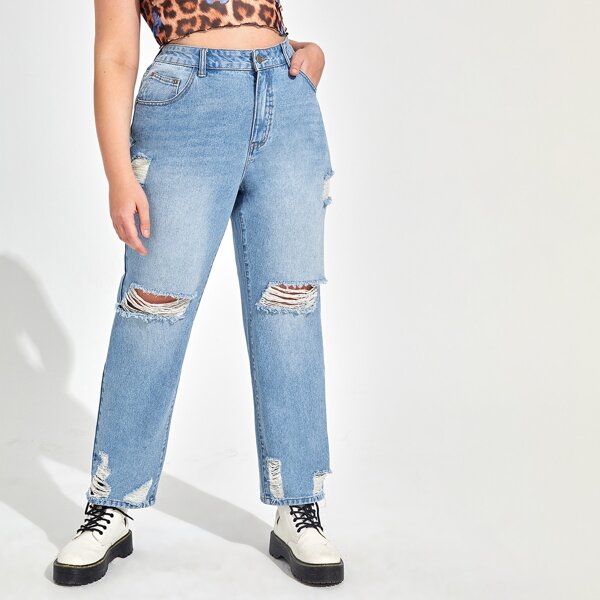 

Plus High Waist Ripped Straight Leg Jeans, Light wash