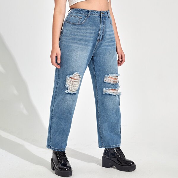 

Plus High Waist Ripped Jeans, Medium wash