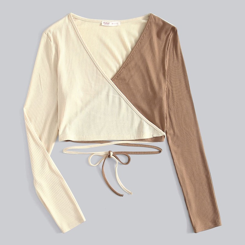 Two Tone Wrap Crop Top, Multicolor