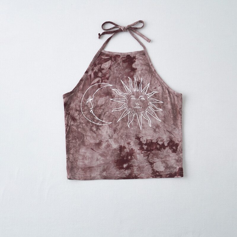 

Sun & Moon Graphic Tie Dye Halter Top, Coffee brown