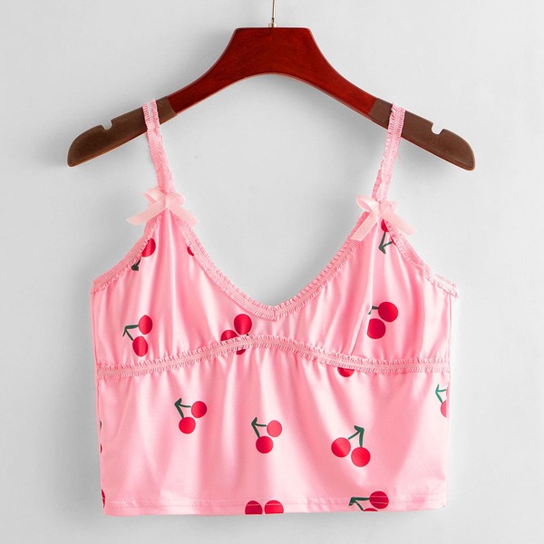 

Plus Cherry Print Bow Crop Cami Top, Baby pink