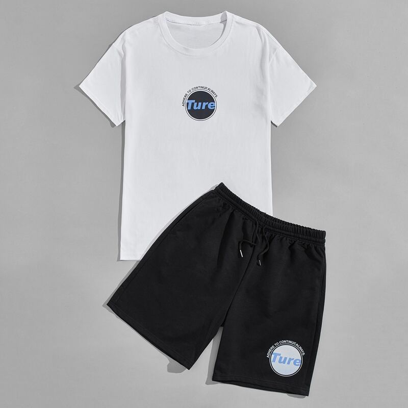 

Guys Slogan Graphic Tee & Drawstring Waist Shorts, Black and white