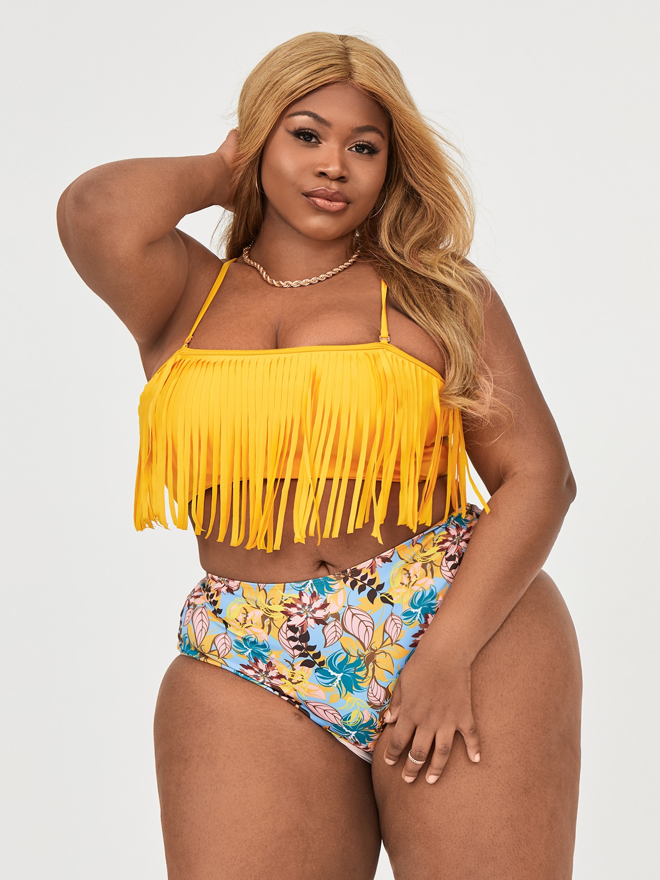 Plus Floral Fringe Hem High Waisted Bikini Swimsuit thumbnail