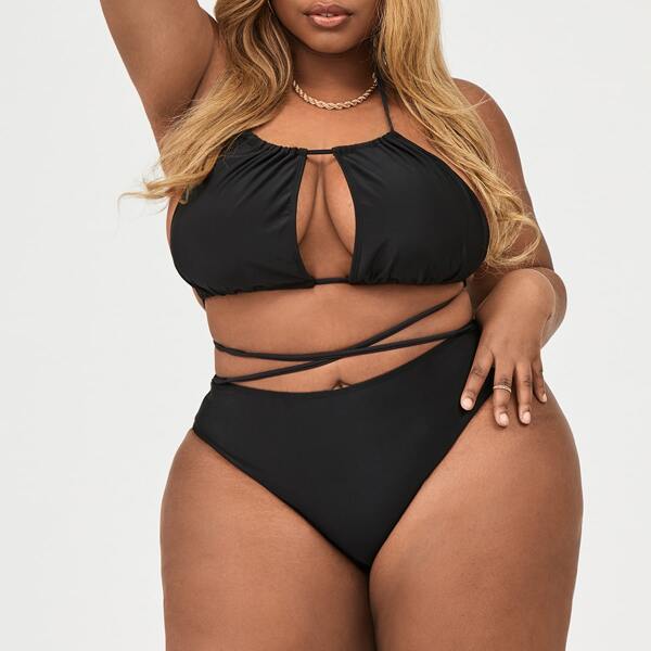 

Plus Halter High Waisted Bikini Swimsuit, Black