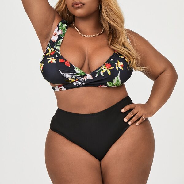 

Plus Floral Print V Neck Bikini Swimsuit, Multicolor
