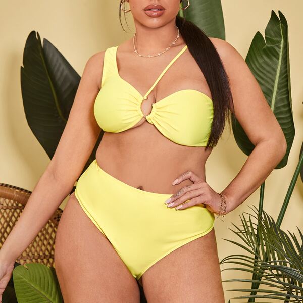 

Plus Ring Linked High Waisted Bikini Swimsuit, Yellow
