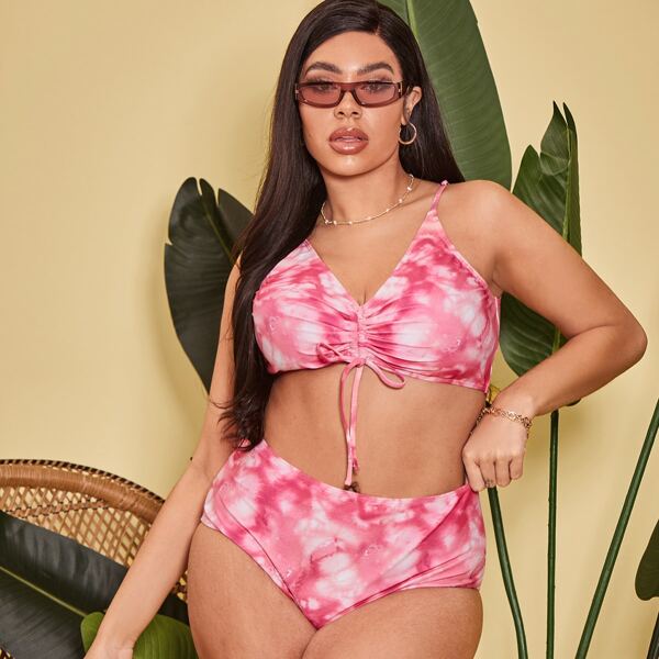 

Plus Tie Dye Drawstring Decor Bikini Swimsuit, Pink