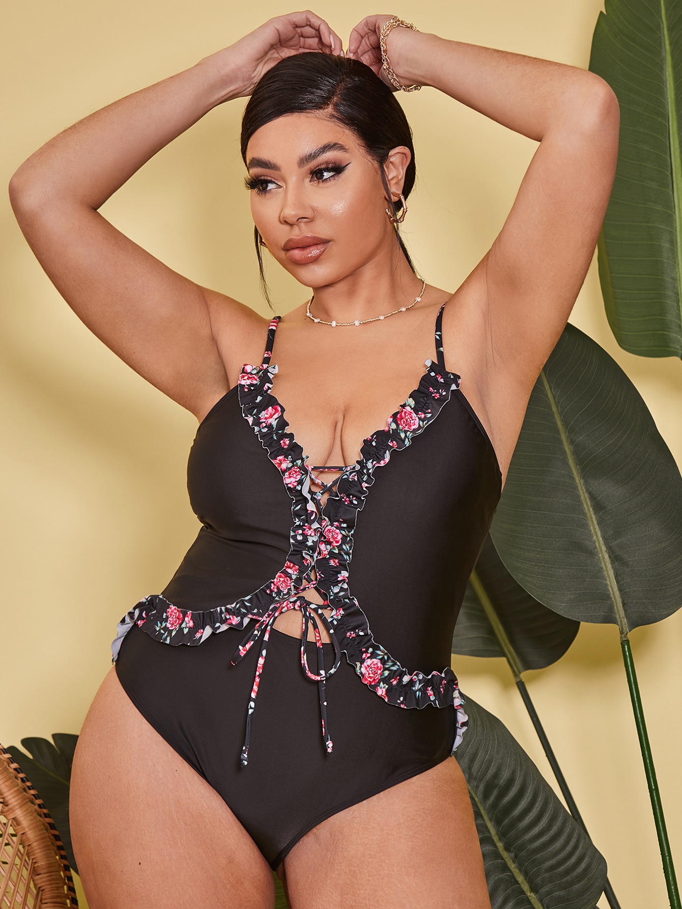 Plus Floral Frill Trim Lace-up One Piece Swimsuit thumbnail