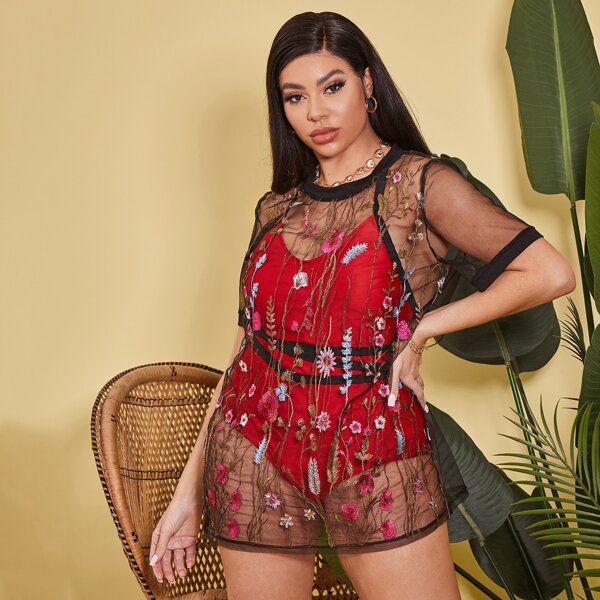 

Plus Floral Embroidered Mesh Cover Up, Black