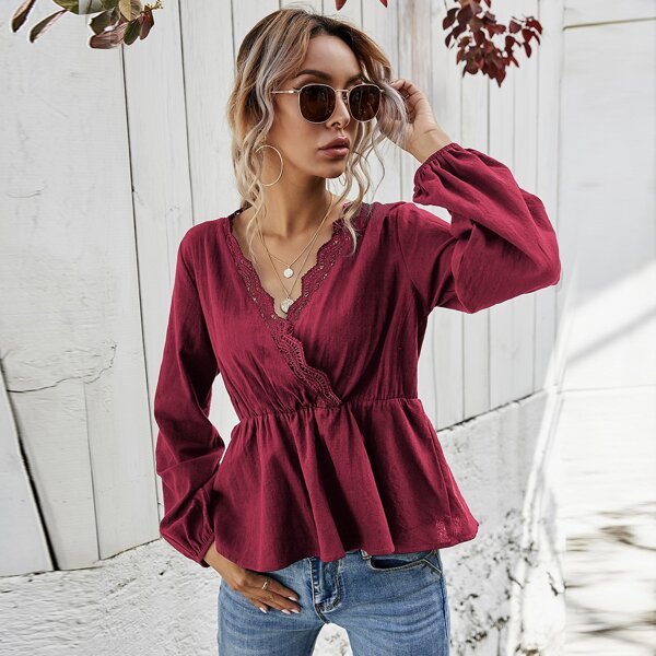 

Lace Insert Surplice Front Peplum Blouse, Burgundy