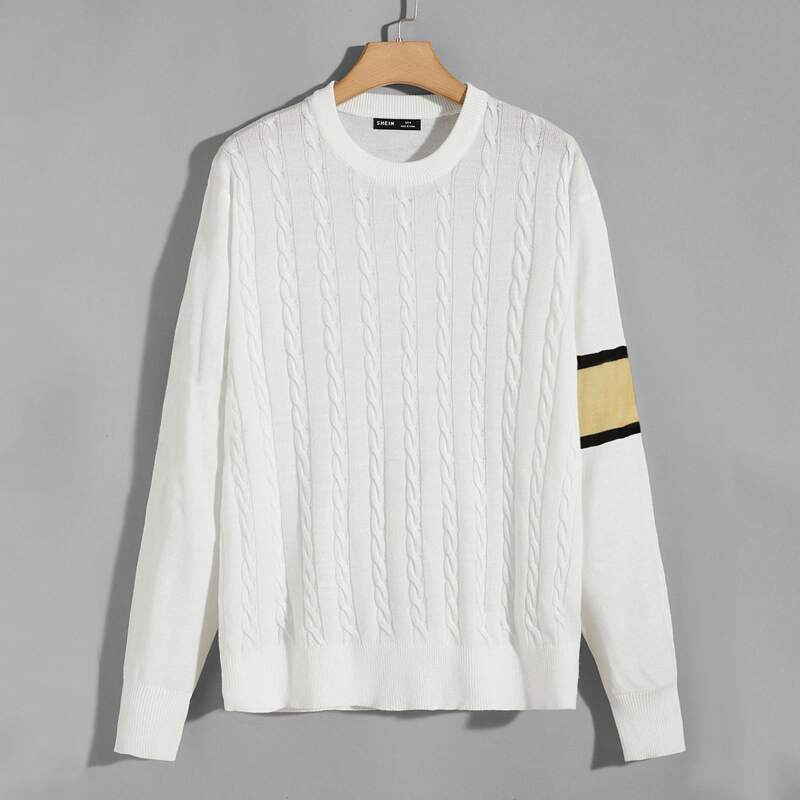 

Guys Colorblock Sleeve Cable Knit Sweater, White