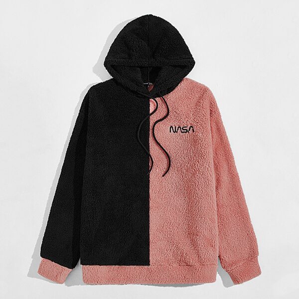 

Men Color Block Letter Embroidery Drawstring Teddy Hoodie, Multicolor