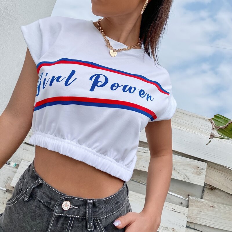 

Striped & Letter Graphic Crop Sweatshirt, White