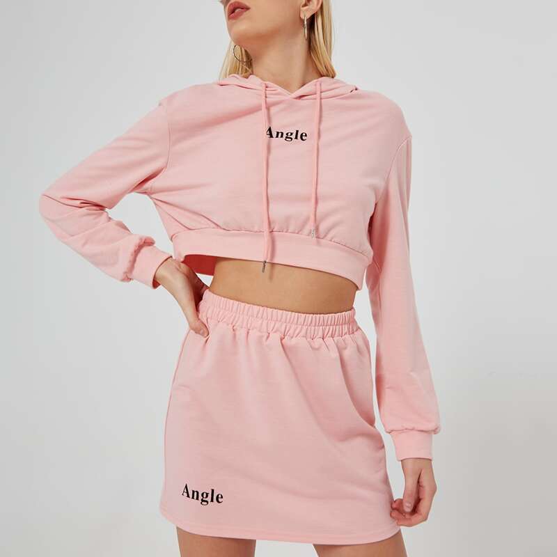 

Letter Graphic Hoodie & Skirt, Baby pink