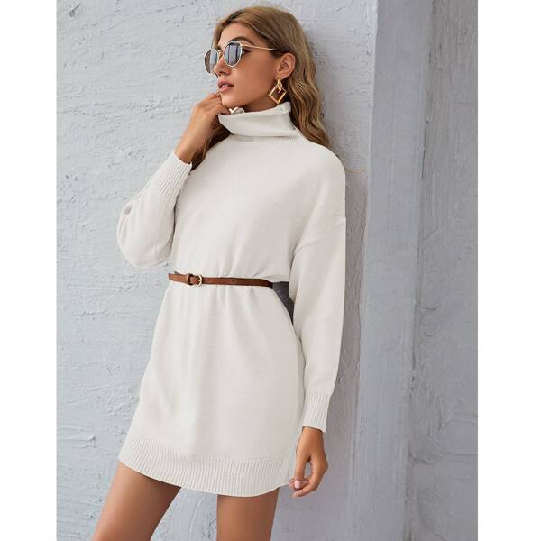 

Cowl Neck Drop Shoulder Sweater Dress Without Belt, White