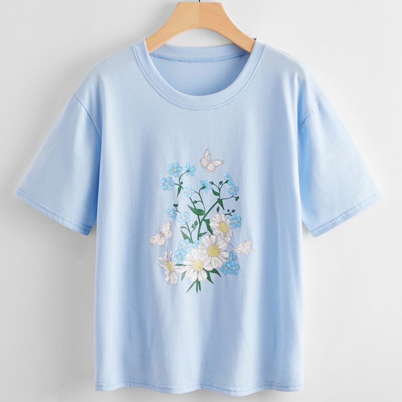 

Butterfly & Flower Graphic Tee, Baby blue
