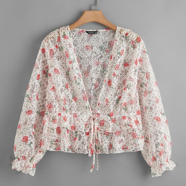 

Plus Lace Floral Print Tie Front Top, Multicolor