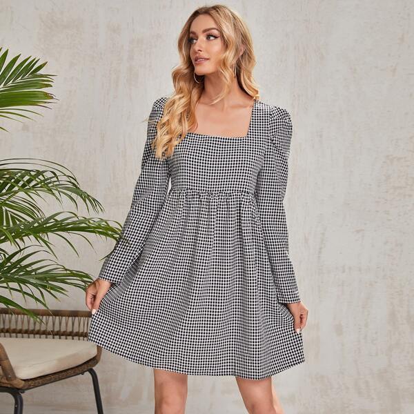 

Gingham Square Neck Puff Sleeve Dress, Black and white