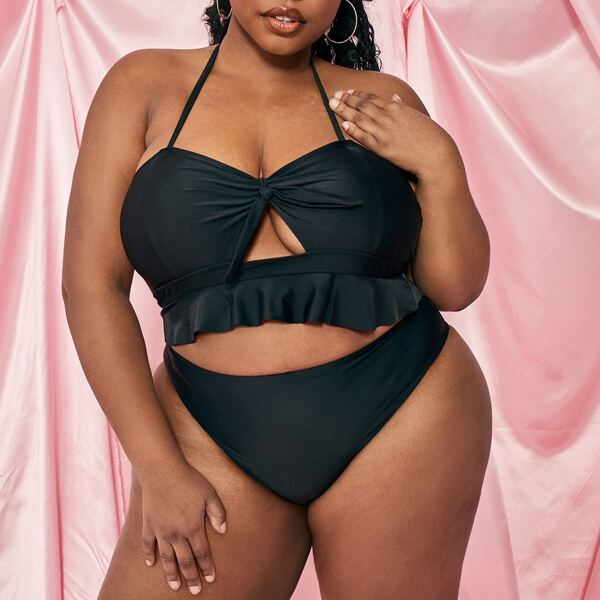 

Plus Ruffle Hem Halter Bikini Swimsuit, Black