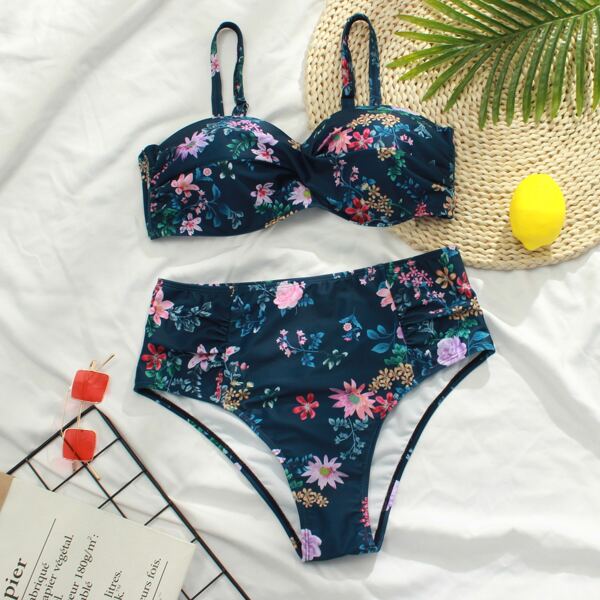 

Plus Floral Twist Underwire Bikini Swimsuit, Navy blue