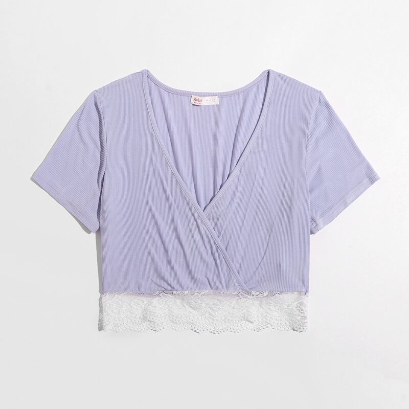 

Contrast Lace Wrap Tee, Lilac purple
