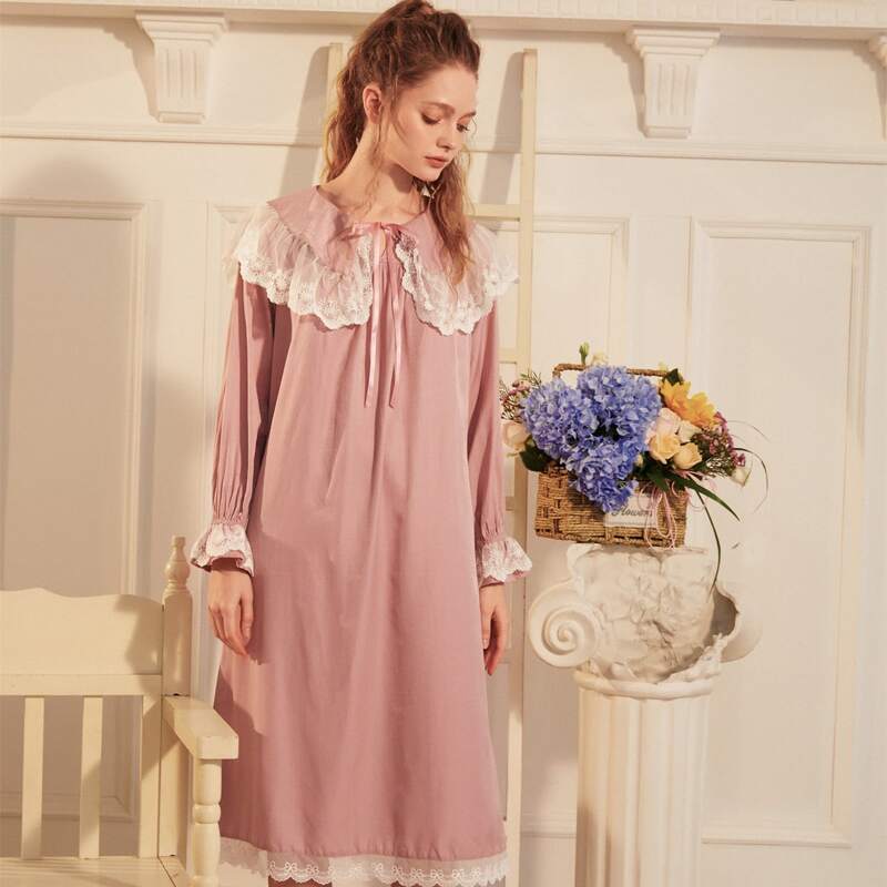 

Contrast Lace Statement Collar Ruffle Trim Night Dress, Dusty pink