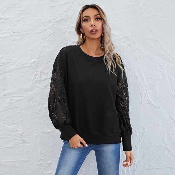 

Contrast Lace Drop Shoulder Sweatshirt, Black