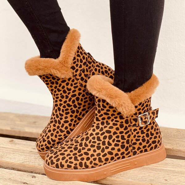 

Buckle Decor Leopard Pattern Snow Boots, Brown