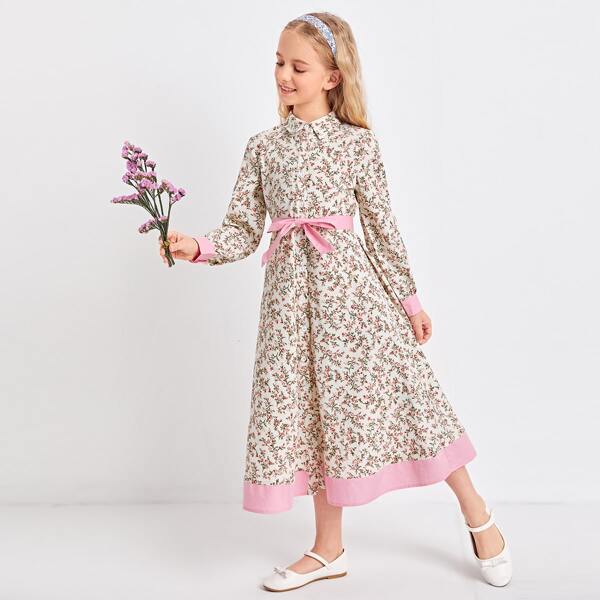 

Girls Contrast Trim Belted Ditsy Floral Dress, Multicolor