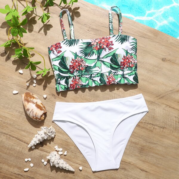 

Girls Floral Ruffle Hem Bikini Swimsuit, Multicolor