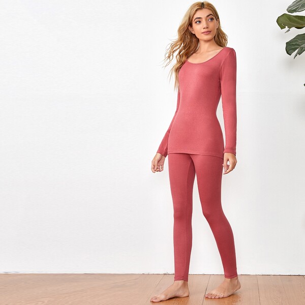 

Fitted Scoop Neck Top & Leggings Thermal Underwear, Rose red