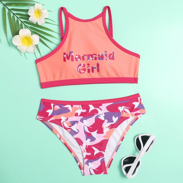 

Girls Letter & Mermaid Print Bikini Swimsuit, Multicolor