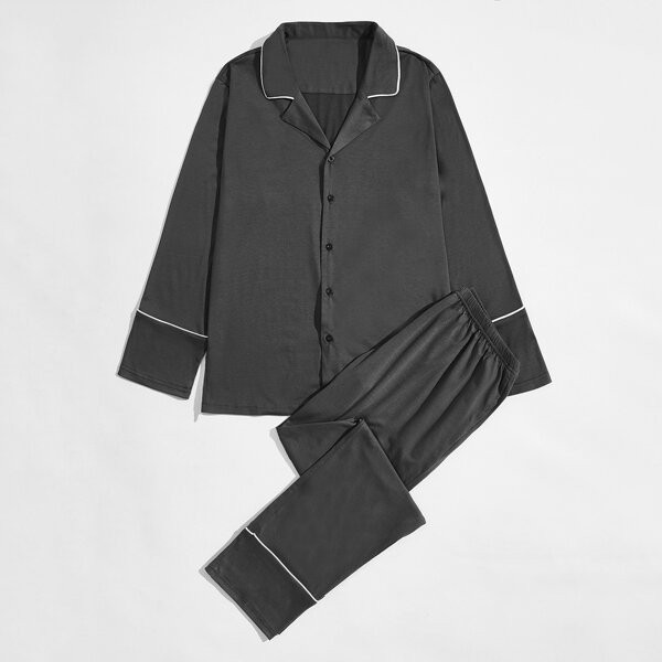 

Men Binding Button Front PJ Set, Dark grey